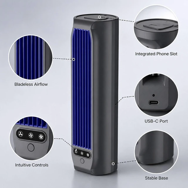 Alt view image 3 of 7 - Tower Fan USB Rechargeable Desk Fan Bladeless Portable Quiet Cooling Fan with Three Speeds and Brushless Motor Air Circulation Suitable for Bedroom, Gray