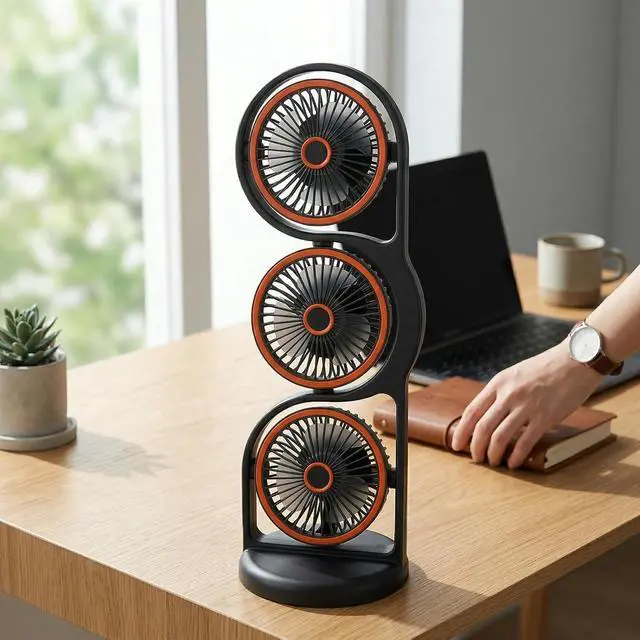 Alt view image 5 of 7 - Greensen Portable Desk Fan, USB Rechargeable 3 Head Desk Fan with ABS Housing, 5 Speeds, 360 Air Circulation, Built in Battery, for Study Work Office Outdoor Use (Grey)