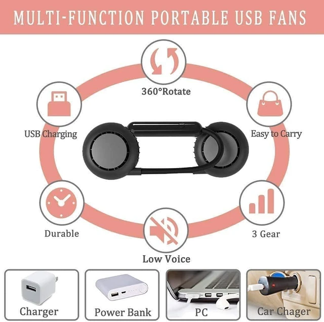 Alt view image 6 of 6 - Speed Hanging Fan, Neck Fan Multicolor, Bladeless Hands Free Cooling, 3 Speeds USB Outdoor(Pink)