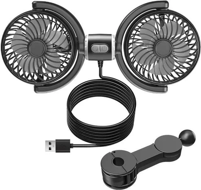 Main image of Lightweight Double Head Car Fan 3 Speed USB Powered Rotatable Cooling Device for Enhanced Circulation