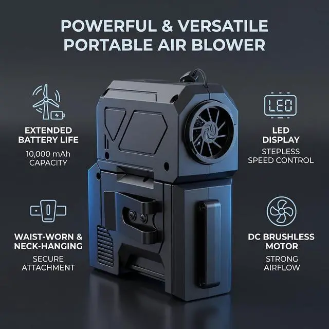 Alt view image 6 of 7 - Fafeicy Personal Fan 10000mAh Stepless Speed LED Screen Waist Fan Portable Air Blower for Outdoor Hiking Travel