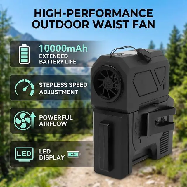 Alt view image 5 of 7 - Fafeicy Personal Fan 10000mAh Stepless Speed LED Screen Waist Fan Portable Air Blower for Outdoor Hiking Travel