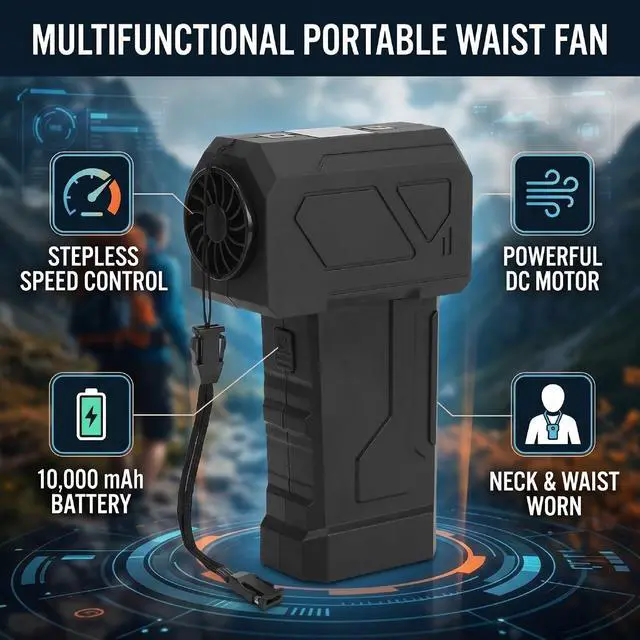 Alt view image 3 of 7 - Fafeicy Personal Fan 10000mAh Stepless Speed LED Screen Waist Fan Portable Air Blower for Outdoor Hiking Travel