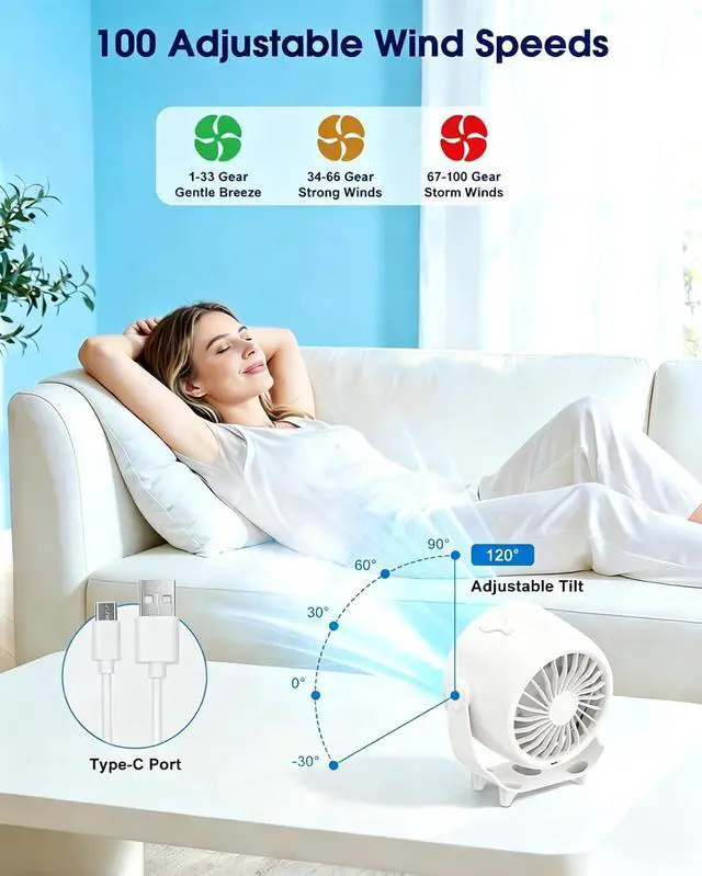 Alt view image 3 of 7 - Ouddy Mode Portable Misting Desk Fan, 100 Speeds Quiet Table Fans with LED Display, 6.3 Inch Wall-Mouted Design USB Rechargeable Desktop Fans for Bedroom Office Home Kitchen Outdoor White