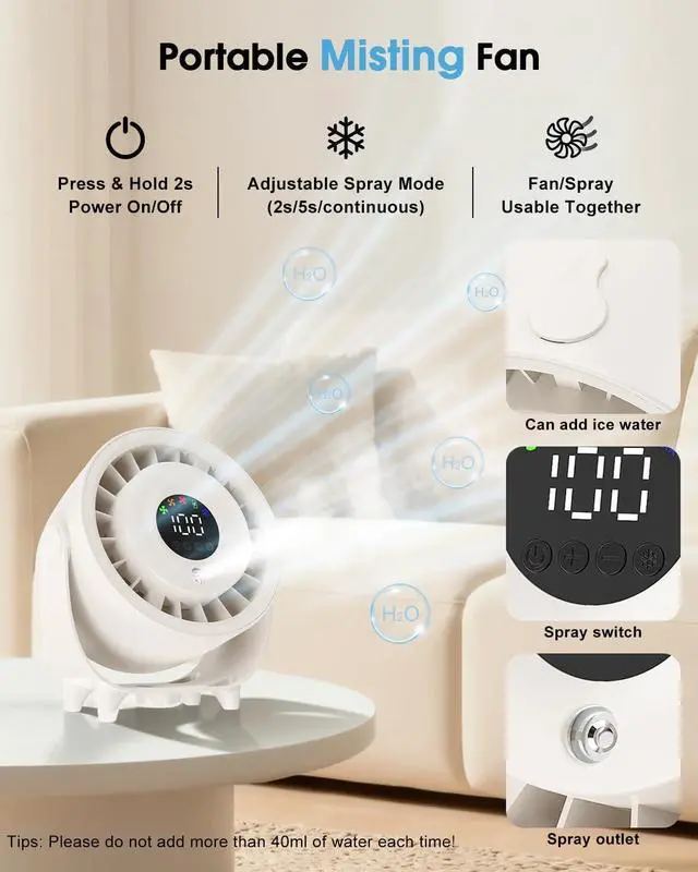 Alt view image 5 of 7 - Ouddy Mode Portable Misting Desk Fan, 100 Speeds Quiet Table Fans with LED Display, 6.3 Inch Wall-Mouted Design USB Rechargeable Desktop Fans for Bedroom Office Home Kitchen Outdoor White