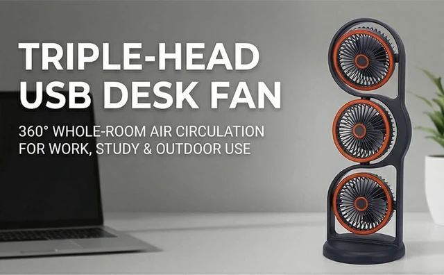 Alt view image 2 of 7 - Naroote Desk Fan USB Rechargeable Table Fan ABS 3 Head Design 5 Speed Settings with Light 360 Airflow 3600mAh Battery for Study Work Outdoor Use (Grey)