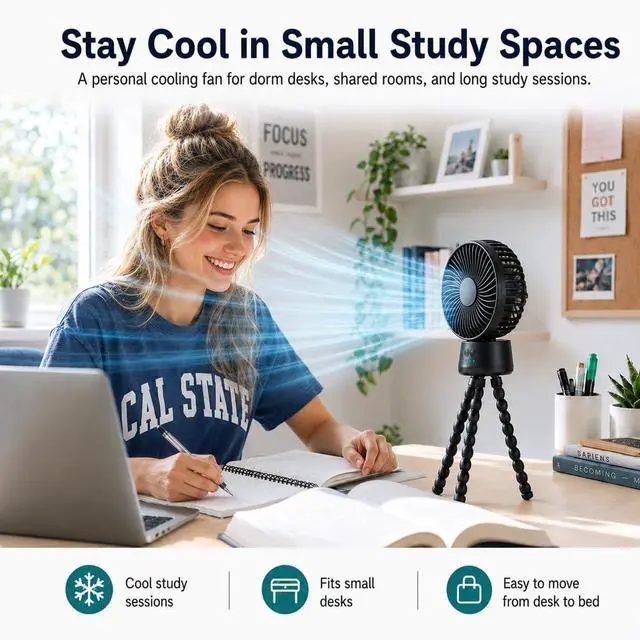 Alt view image 3 of 7 - Portable Rechargeable Fan, 10000mAh Oscillating Desk Fan with Tripod | 10000mAh Battery | Detachable Tripod | 3 Speeds | Auto Oscillation | Night Light | Compact Dorm Fan for Bed, Desk, Travel
