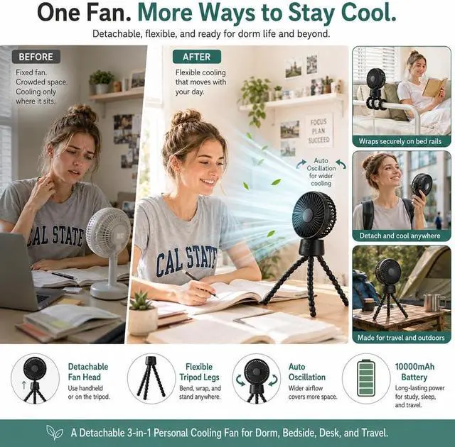 Alt view image 5 of 7 - Portable Rechargeable Fan, 10000mAh Oscillating Desk Fan with Tripod | 10000mAh Battery | Detachable Tripod | 3 Speeds | Auto Oscillation | Night Light | Compact Dorm Fan for Bed, Desk, Travel