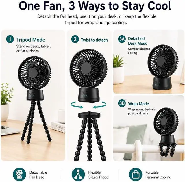 Alt view image 6 of 7 - Portable Rechargeable Fan, 10000mAh Oscillating Desk Fan with Tripod | 10000mAh Battery | Detachable Tripod | 3 Speeds | Auto Oscillation | Night Light | Compact Dorm Fan for Bed, Desk, Travel