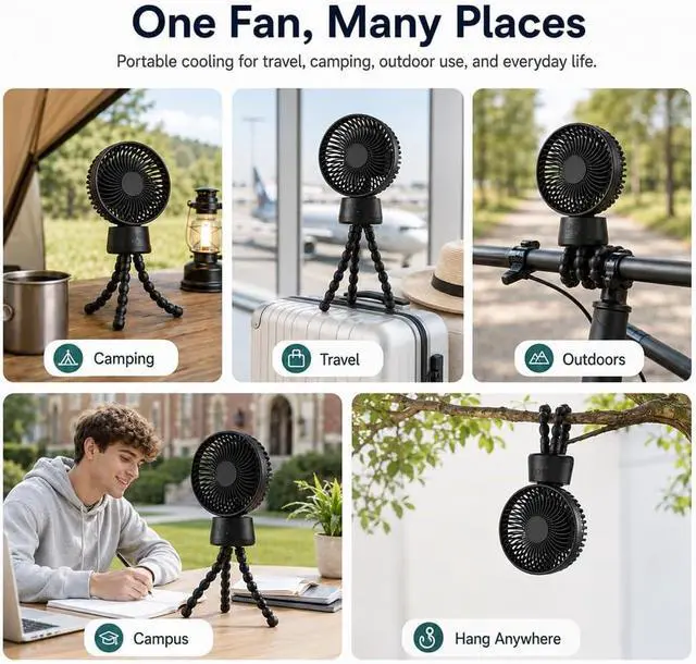 Alt view image 7 of 7 - Portable Rechargeable Fan, 10000mAh Oscillating Desk Fan with Tripod | 10000mAh Battery | Detachable Tripod | 3 Speeds | Auto Oscillation | Night Light | Compact Dorm Fan for Bed, Desk, Travel
