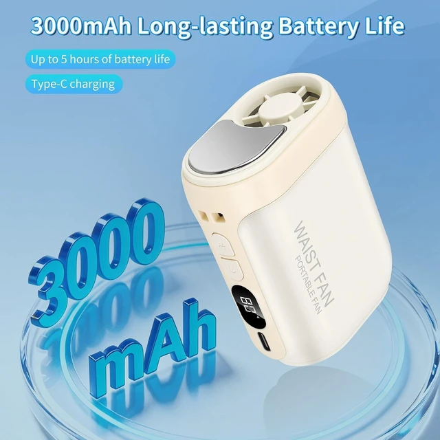 Alt view image 7 of 7 - Portable Waist Fan Rechargeable, Personal Fan Hanging Neck Fan with 11.5m/s Strong Wind, 5 Speeds, LED Display, Metal Cooling Plate,Wearable Belt Fan for Outdoor Camping (white)