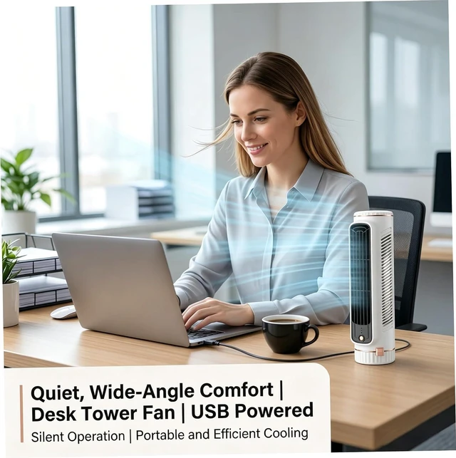 Alt view image 4 of 5 - 2 Pack Cooling Tower Fans, Portable Desktop Cold Air Fans 2-in-1 Stand/lay Flat Design, Usb Rechargeable, White & Green Cold Air Fan Desk Fan for Bedroom
