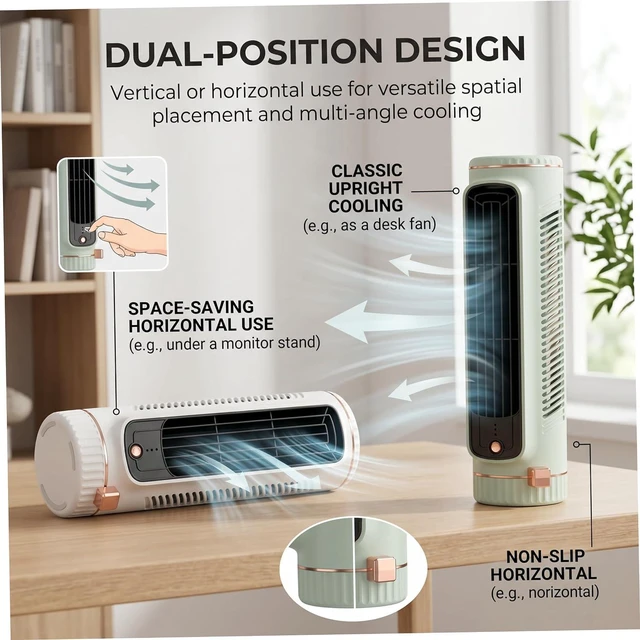 Alt view image 5 of 5 - 2 Pack Cooling Tower Fans, Portable Desktop Cold Air Fans 2-in-1 Stand/lay Flat Design, Usb Rechargeable, White & Green Cold Air Fan Desk Fan for Bedroom