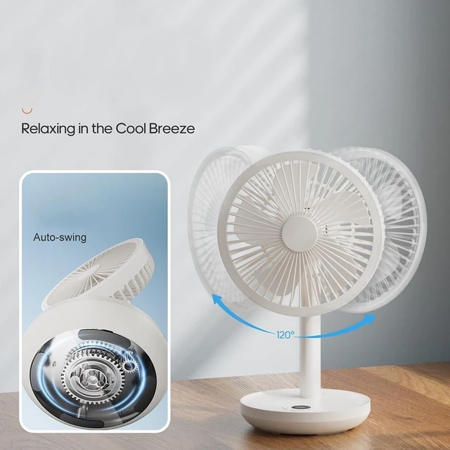 Alt view image 4 of 6 - Smart Oscillating Desktop Fan with 5 Gear Wind Speeds, USB Rechargeable, 4000mAh