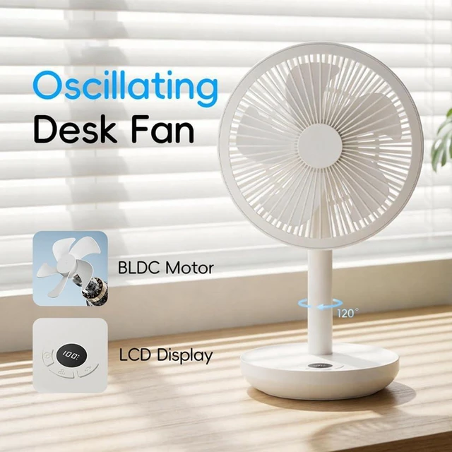 Alt view image 5 of 6 - Smart Oscillating Desktop Fan with 5 Gear Wind Speeds, USB Rechargeable, 4000mAh