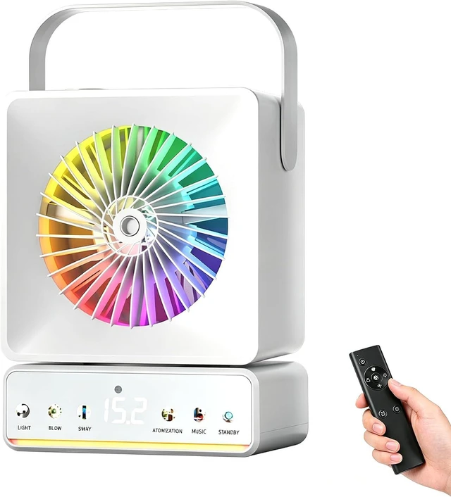 Main image of Portable Rechargeable Oscillating Desk Fan with LED Light, Bluetooth & Humidifier - 6000mAh Battery Operated Fan for Bedroom, Camping, Dorm, 5 Speeds, Timer, Remote, RGB Light