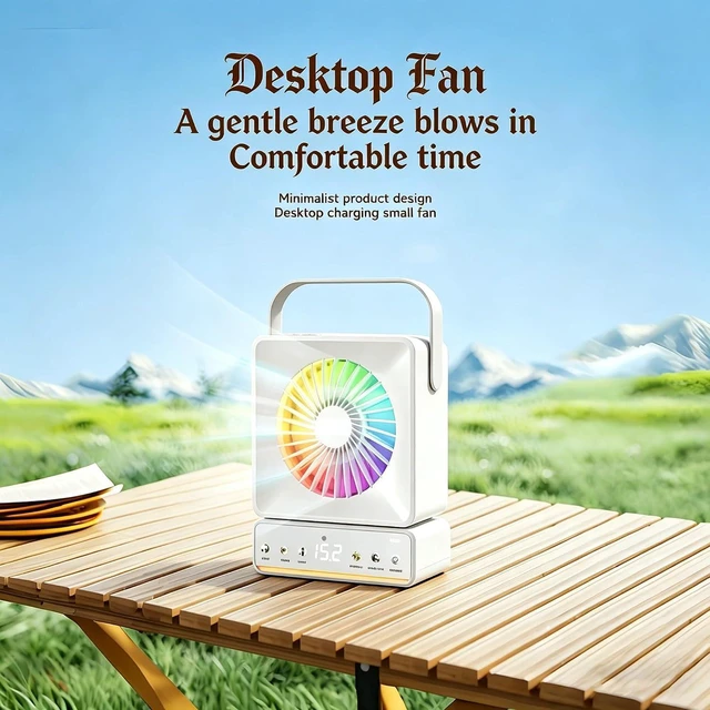 Alt view image 2 of 7 - Portable Rechargeable Oscillating Desk Fan with LED Light, Bluetooth & Humidifier - 6000mAh Battery Operated Fan for Bedroom, Camping, Dorm, 5 Speeds, Timer, Remote, RGB Light