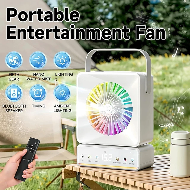 Alt view image 3 of 7 - Portable Rechargeable Oscillating Desk Fan with LED Light, Bluetooth & Humidifier - 6000mAh Battery Operated Fan for Bedroom, Camping, Dorm, 5 Speeds, Timer, Remote, RGB Light