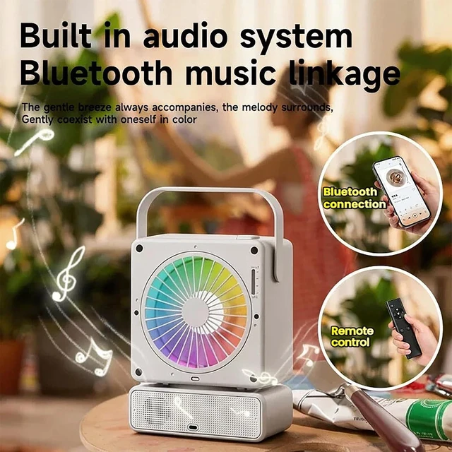 Alt view image 4 of 7 - Portable Rechargeable Oscillating Desk Fan with LED Light, Bluetooth & Humidifier - 6000mAh Battery Operated Fan for Bedroom, Camping, Dorm, 5 Speeds, Timer, Remote, RGB Light