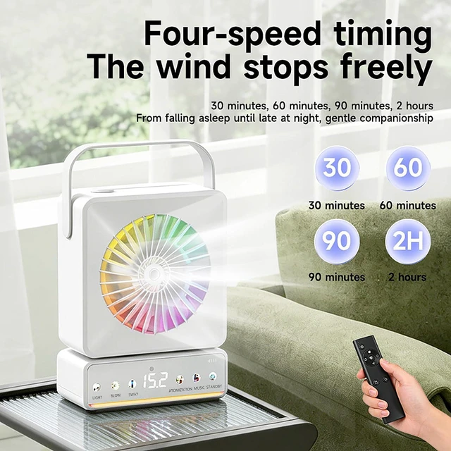 Alt view image 5 of 7 - Portable Rechargeable Oscillating Desk Fan with LED Light, Bluetooth & Humidifier - 6000mAh Battery Operated Fan for Bedroom, Camping, Dorm, 5 Speeds, Timer, Remote, RGB Light