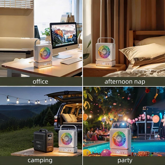 Alt view image 7 of 7 - Portable Rechargeable Oscillating Desk Fan with LED Light, Bluetooth & Humidifier - 6000mAh Battery Operated Fan for Bedroom, Camping, Dorm, 5 Speeds, Timer, Remote, RGB Light