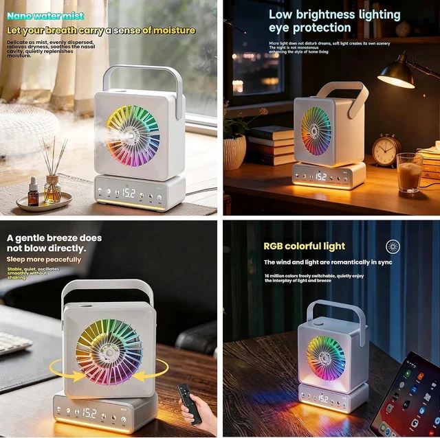 Alt view image 6 of 7 - Portable Rechargeable Oscillating Desk Fan with LED Light, Bluetooth & Humidifier - 6000mAh Battery Operated Fan for Bedroom, Camping, Dorm, 5 Speeds, Timer, Remote, RGB Light