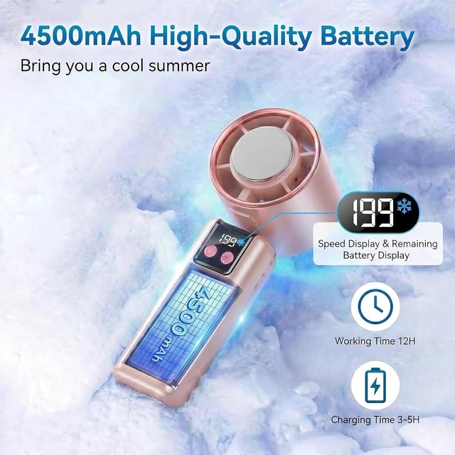 Alt view image 3 of 7 - Portable Handheld Fan,Ice Cooling1-199speed high-turbineTurbo Personal Fan, LED Digital Display, Use Up to 10 Hours, Gift for Girls Women Concert Eyelashes Makeup Travel Summer (Pink)
