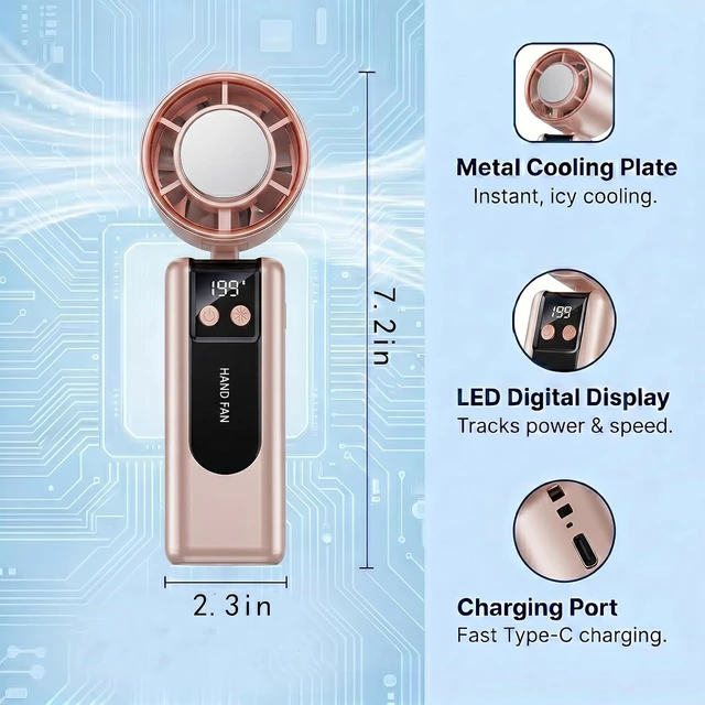 Alt view image 4 of 7 - Portable Handheld Fan,Ice Cooling1-199speed high-turbineTurbo Personal Fan, LED Digital Display, Use Up to 10 Hours, Gift for Girls Women Concert Eyelashes Makeup Travel Summer (Pink)