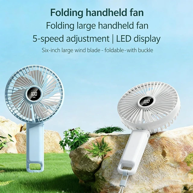 Alt view image 6 of 7 - 6 Inch Rechargeable Handheld Fan with 5 preferences and Foldable Hook for Outdoor Camping Work Travel