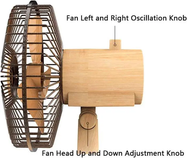 Alt view image 3 of 7 - Portable Wood Retro Table Fan, 2 Speeds, USB or Battery Powered, Small Desk Fan for Home Office Bedroom