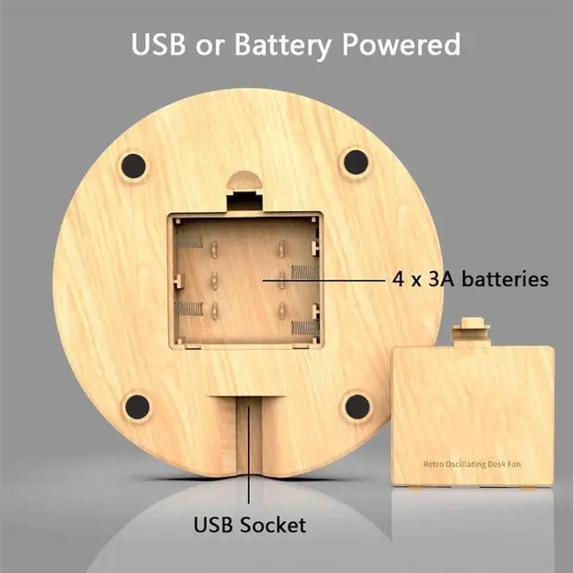 Alt view image 5 of 7 - Portable Wood Retro Table Fan, 2 Speeds, USB or Battery Powered, Small Desk Fan for Home Office Bedroom