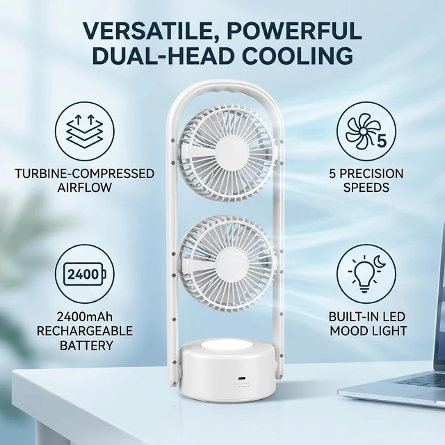 Alt view image 3 of 7 - Dual Head Desk Fan, Portable Rechargeable Table Fan with 5 Speed Adjustable, 2400mAh Battery, LED Light, 360 Degree Rotation, for Bedroom Office Desk Nightstand Wall Mount