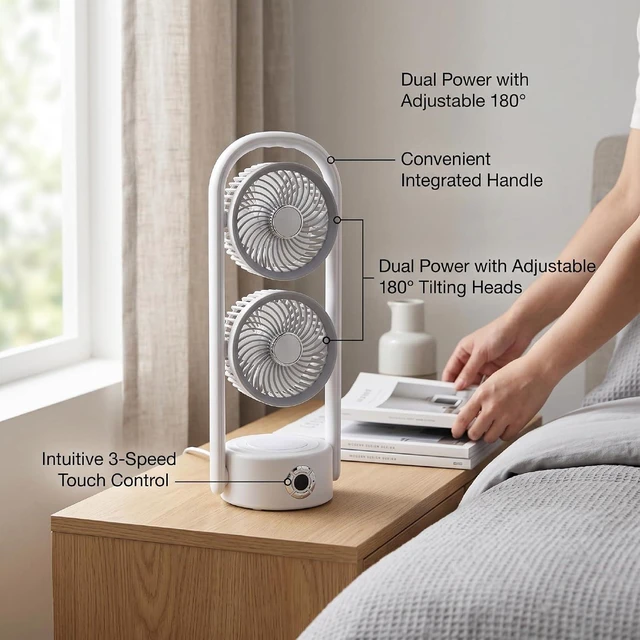 Alt view image 2 of 7 - Dual Head Desk Fan, Portable Rechargeable Table Fan with 5 Speed Adjustable, 2400mAh Battery, LED Light, 360 Degree Rotation, for Bedroom Office Desk Nightstand Wall Mount