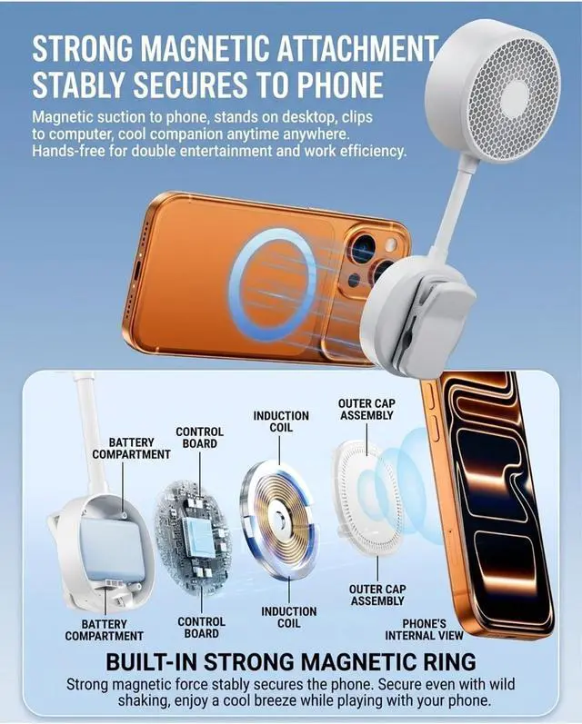 Alt view image 2 of 7 - Magnetic Phone Fan - Magnetic Fan and Phone Stand with 360° Flexible Gooseneck, Rechargeable Mini Portable Handheld Clip, 3 Speeds & Wide Airflow, for Office & Travel (White)