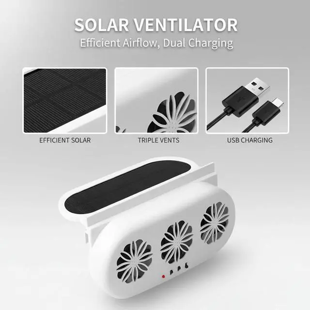 Alt view image 2 of 5 - PONDON 9.1 X 4.4 X 2 In Portable Vehicle Cooling Fan, 3-Fan Solar Powered Car Exhaust Fan, Auto Window Air Vent, Usb Recharge, Reduce Heat