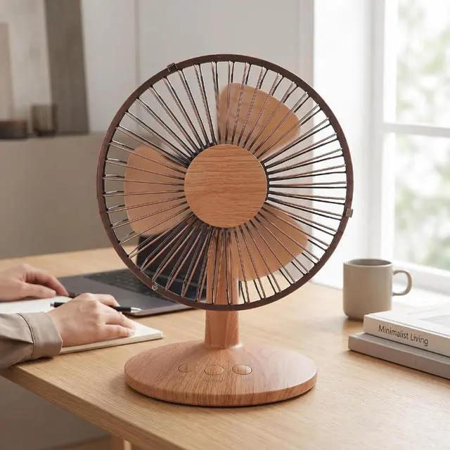Alt view image 2 of 7 - USB Small Desk Fan Battery Operated Fan Cordless Portable 2 Speed Quiet Oscillating with Removable Blades Wood Grain for Home Office Camping Travel