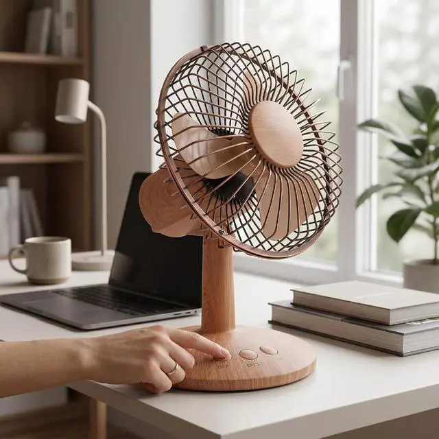 Alt view image 3 of 7 - USB Small Desk Fan Battery Operated Fan Cordless Portable 2 Speed Quiet Oscillating with Removable Blades Wood Grain for Home Office Camping Travel