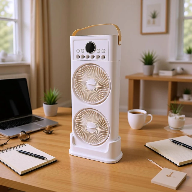 Alt view image 6 of 7 - Socobeta Dual Fan Misting Fan with 6 Nozzles 360 Rotation 2400mAh Battery for Home Office Outdoor Cooling