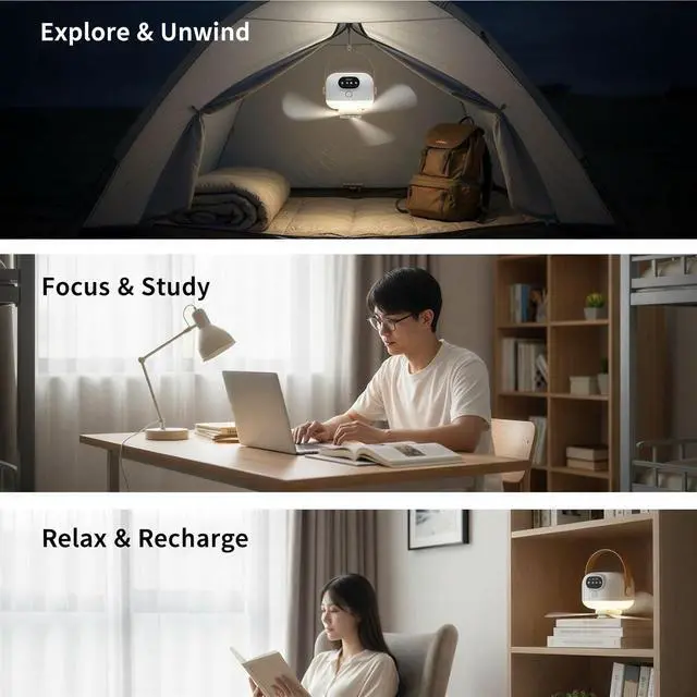 Alt view image 5 of 6 - Portable USB Rechargeable Hanging Fan with Remote Control, 3-Speed LED Light, Quiet Personal Mini Desk Fan with Hook, Type-C Fast Charging for Camping Dorm Home Office