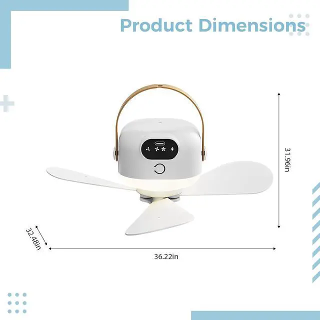 Alt view image 6 of 6 - Portable USB Rechargeable Hanging Fan with Remote Control, 3-Speed LED Light, Quiet Personal Mini Desk Fan with Hook, Type-C Fast Charging for Camping Dorm Home Office