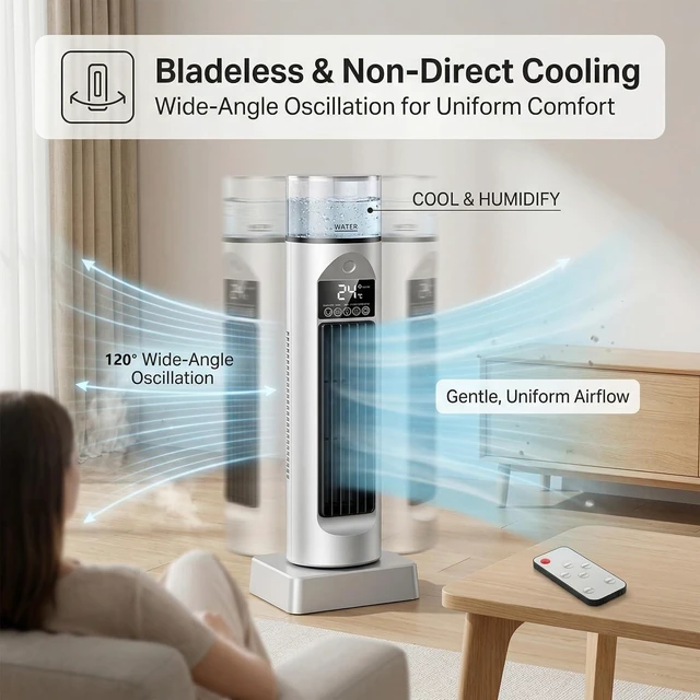 Alt view image 4 of 7 - Bladeless Oscillating Tower Fan Portable Air Conditioning Fan With Mist Function For Bedroom Usb Desktop Cooling Fans With Remote Control White