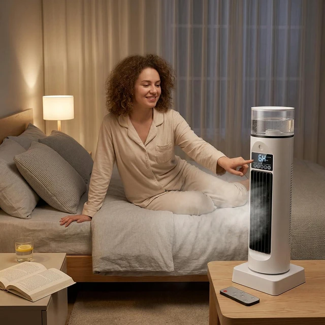 Alt view image 6 of 7 - Bladeless Oscillating Tower Fan Portable Air Conditioning Fan With Mist Function For Bedroom Usb Desktop Cooling Fans With Remote Control White