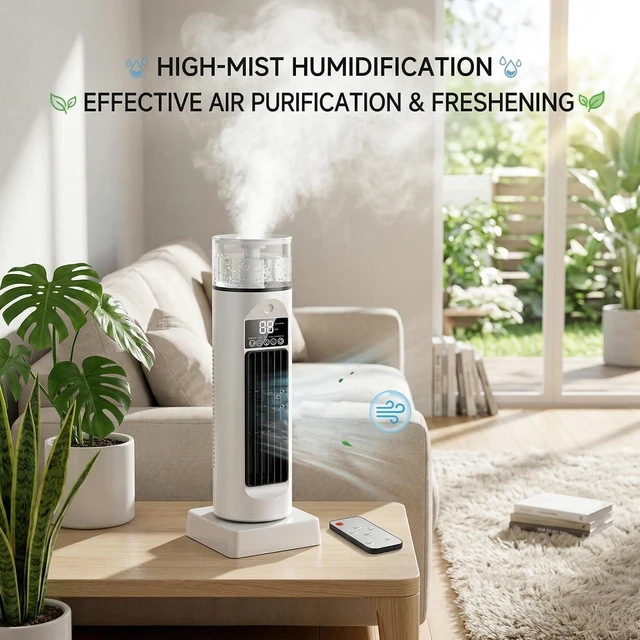Alt view image 7 of 7 - Bladeless Oscillating Tower Fan Portable Air Conditioning Fan With Mist Function For Bedroom Usb Desktop Cooling Fans With Remote Control White