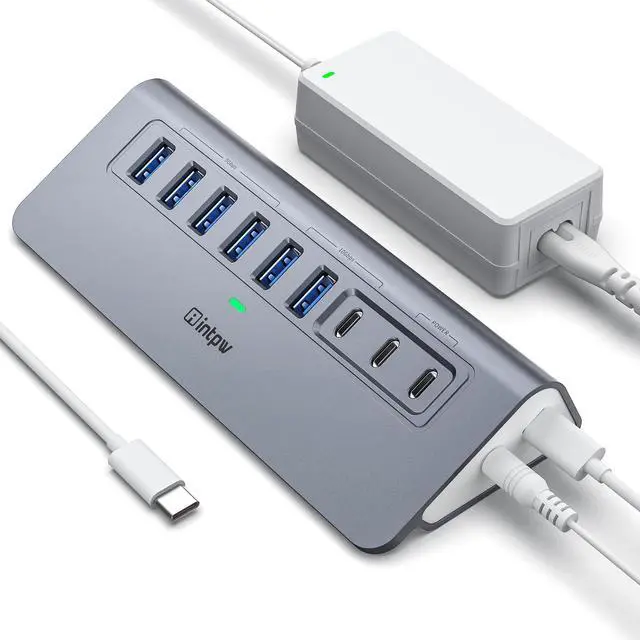 Main image of Powered USB Hub, intpw 9-Port USB Splitter 10Gbps with USB A/USB C 3.2, 4 USB 3.0, 2 PD 45W Charging Ports, 65W Power Adapter and 3.3FT Cable, Aluminum USB Extender Hub for Laptop, PC,iPhone 16/15