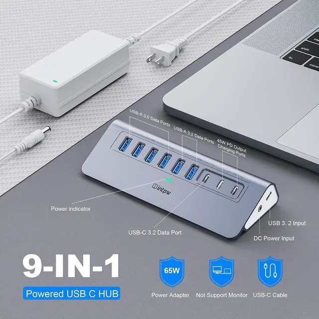 Alt view image 2 of 7 - Powered USB Hub, intpw 9-Port USB Splitter 10Gbps with USB A/USB C 3.2, 4 USB 3.0, 2 PD 45W Charging Ports, 65W Power Adapter and 3.3FT Cable, Aluminum USB Extender Hub for Laptop, PC,iPhone 16/15
