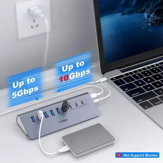 Alt view image 3 of 7 - Powered USB Hub, intpw 9-Port USB Splitter 10Gbps with USB A/USB C 3.2, 4 USB 3.0, 2 PD 45W Charging Ports, 65W Power Adapter and 3.3FT Cable, Aluminum USB Extender Hub for Laptop, PC,iPhone 16/15