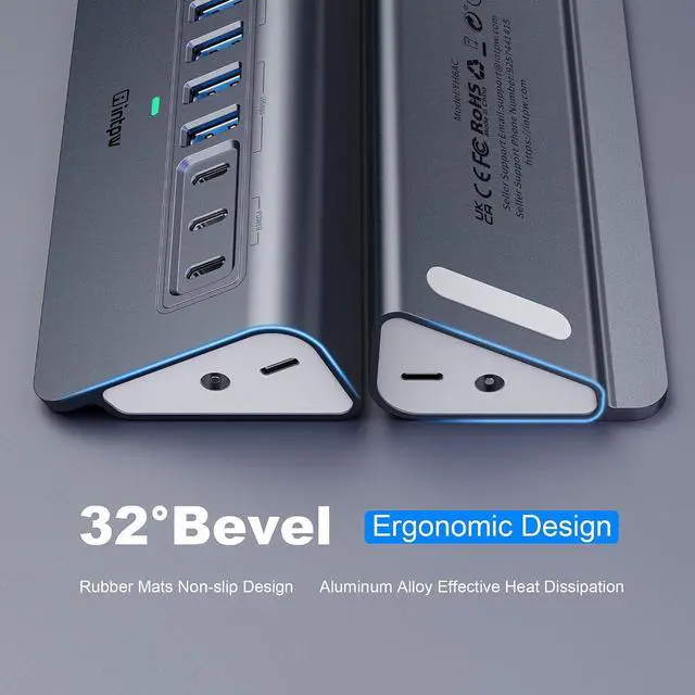 Alt view image 5 of 7 - Powered USB Hub, intpw 9-Port USB Splitter 10Gbps with USB A/USB C 3.2, 4 USB 3.0, 2 PD 45W Charging Ports, 65W Power Adapter and 3.3FT Cable, Aluminum USB Extender Hub for Laptop, PC,iPhone 16/15