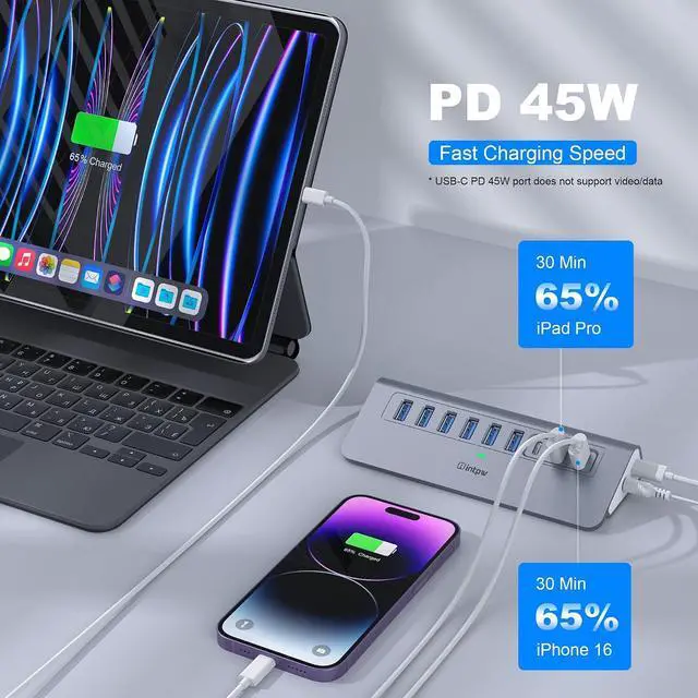 Alt view image 4 of 7 - Powered USB Hub, intpw 9-Port USB Splitter 10Gbps with USB A/USB C 3.2, 4 USB 3.0, 2 PD 45W Charging Ports, 65W Power Adapter and 3.3FT Cable, Aluminum USB Extender Hub for Laptop, PC,iPhone 16/15