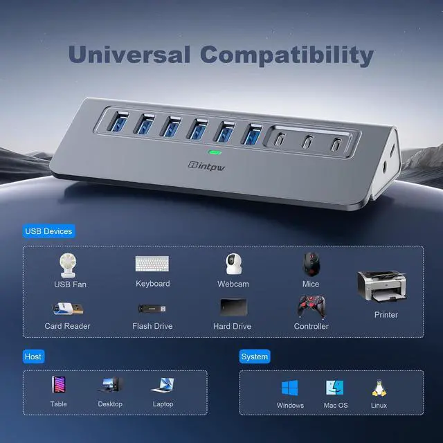 Alt view image 6 of 7 - Powered USB Hub, intpw 9-Port USB Splitter 10Gbps with USB A/USB C 3.2, 4 USB 3.0, 2 PD 45W Charging Ports, 65W Power Adapter and 3.3FT Cable, Aluminum USB Extender Hub for Laptop, PC,iPhone 16/15