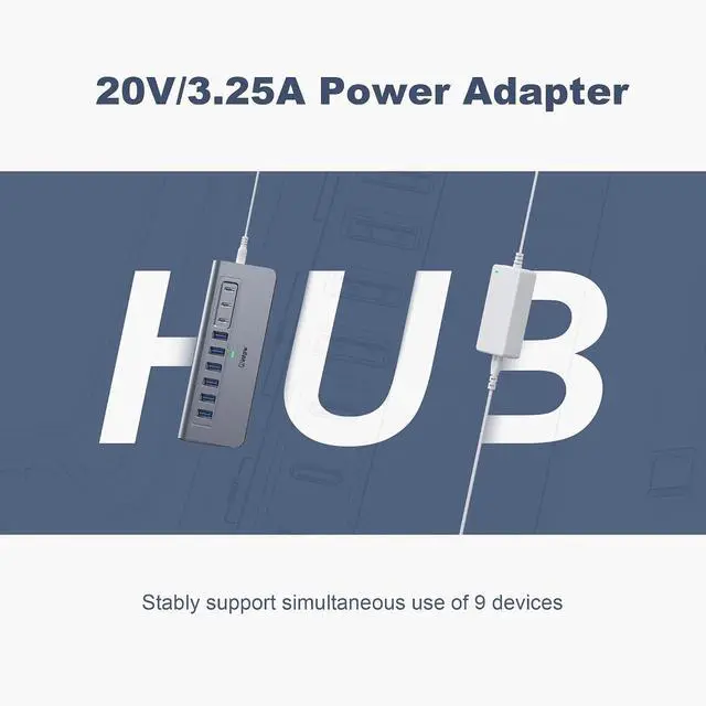 Alt view image 7 of 7 - Powered USB Hub, intpw 9-Port USB Splitter 10Gbps with USB A/USB C 3.2, 4 USB 3.0, 2 PD 45W Charging Ports, 65W Power Adapter and 3.3FT Cable, Aluminum USB Extender Hub for Laptop, PC,iPhone 16/15